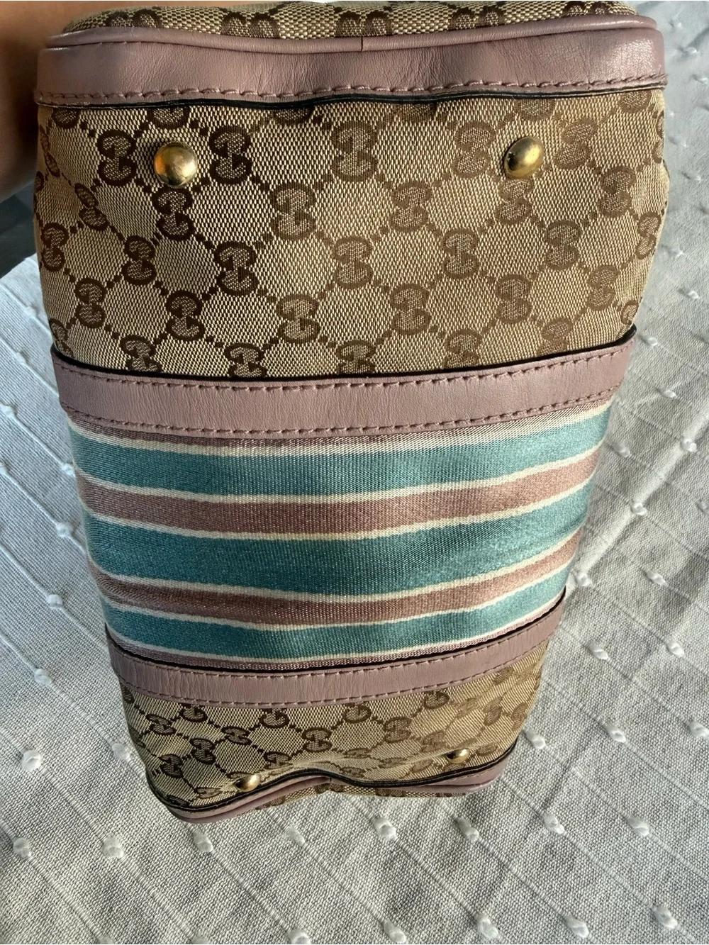 Gucci Beige GG Canvas Satchel with Pink Trim and Blue-Green Stripe